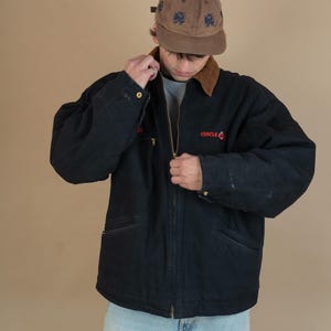 vintage black lined bomber jacket Size XL oversized brown collar cotton padded lining gender neutral