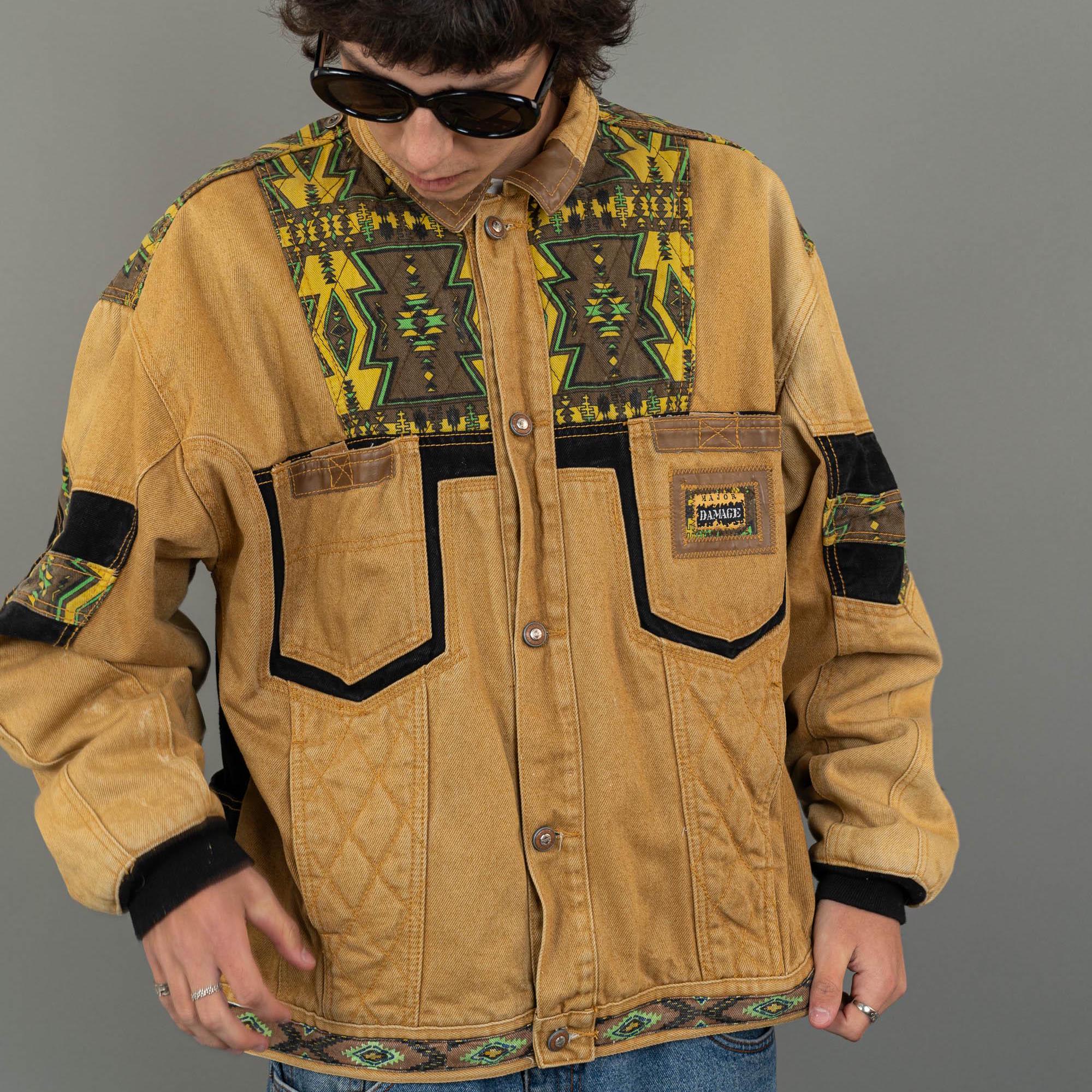 80s Vintage Yellow Denim Jacket With Aztec Navajo Pattern - Size L
