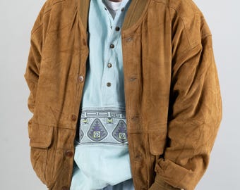 Vintage Suede Leather Bomber Jacket Beige Brown Size L - XL Vintage Suede Leather Bomber Jacket Beige Brown Size L - XL