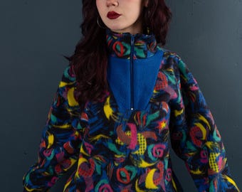 Vintage fleece quarter zip jumper sweater colorful Size M funky polar sweater with front pocket 80s 90s