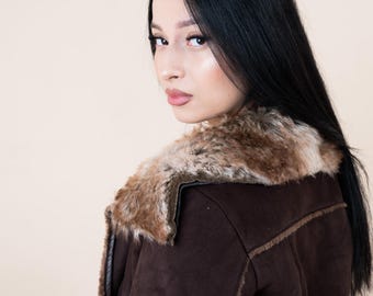 Y2K 2000s Brown Leather & Suede Coat With Fur Hem Details