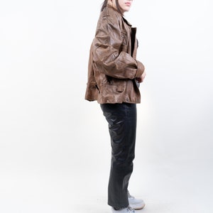 80s vintage leather biker jacket brown cropped waisted moto jacket hard leather jacket with belt 90s aesthetic y2k grunge leather jacket image 3