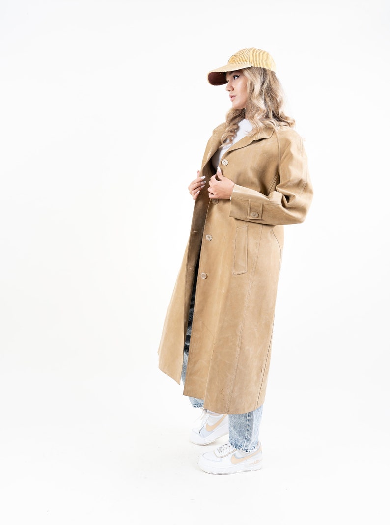 Vintage leather coat beige suede leather soft leather coat minimalist oversized button up gender neutral y2k 90s aesthetic second hand image 5