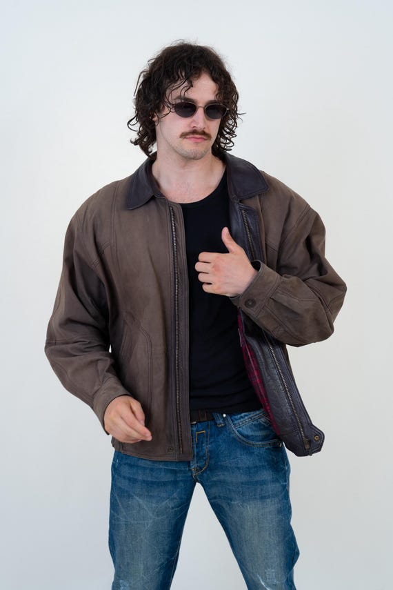 Vintage Lederjacke Herren US L, 80er Jahre Braun Echtleder Bomberjacke Retro Blouson Jacke