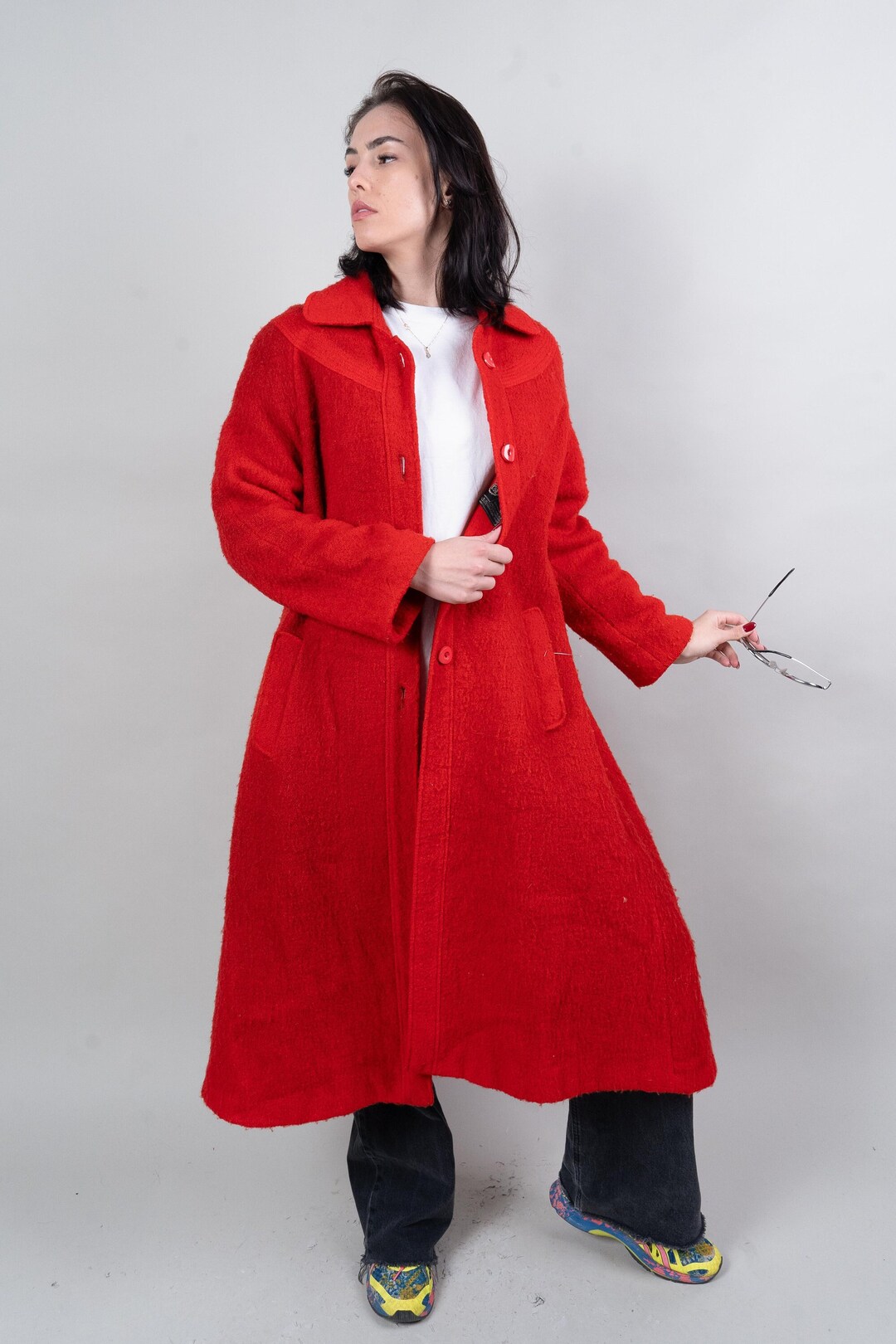 Vintage Red Coat Double Breasted Size L Wool Blend 80s 90s