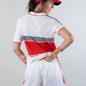 vintage Fila polo shirt 80s white and blue red striped pattern Size S cotton unisex gender neutral nona, nona clothing, vintage,  vintage online shop, gender neutral, vintage for men, vintage for woman, 80s aesthetics, 90s aesthetics, vintage berlin,