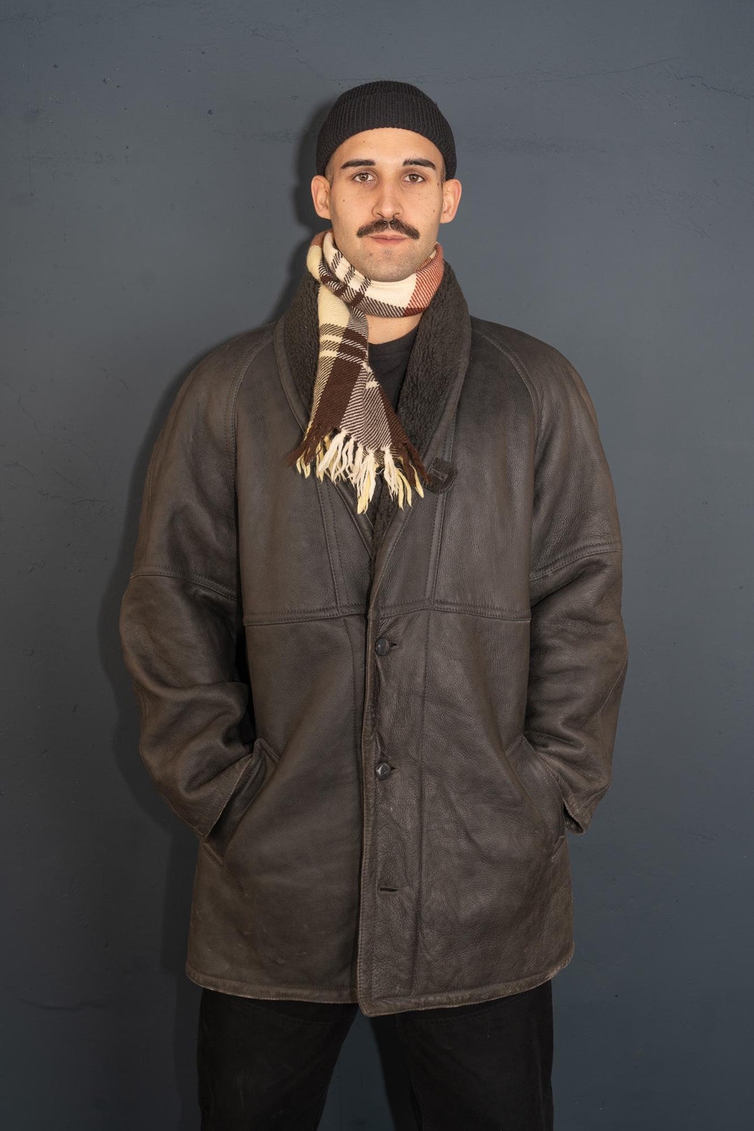 Vintage Leather Coat Suede Parka Velor Beige Wool Teddy Fur Hem
