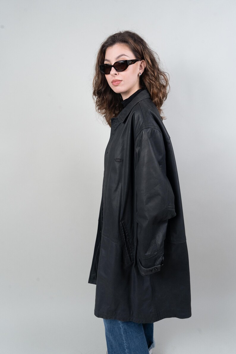 Vintage camel leather coat black lined minimalist Size XL 52 80s 90s soft goat leather image 10