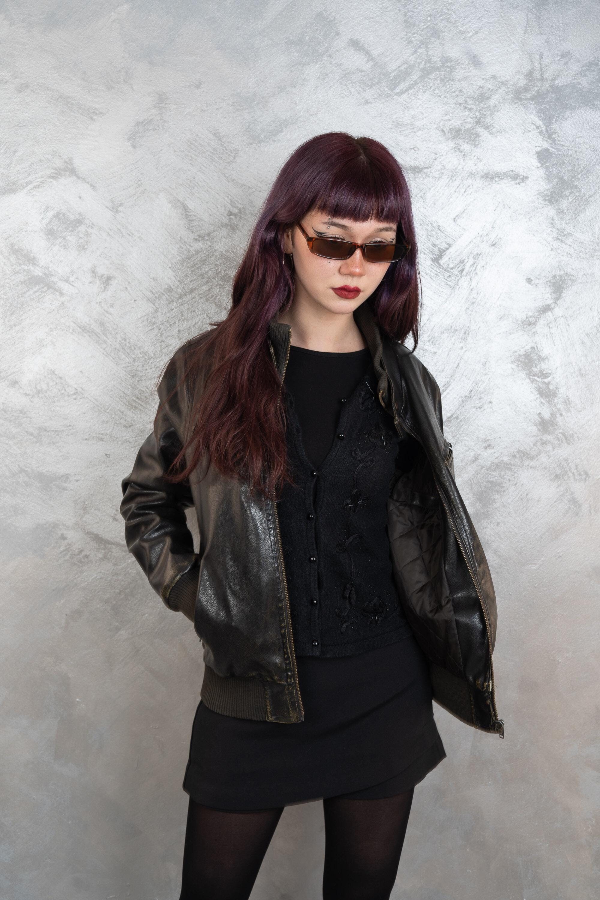 Vintage Leather Jacket Distressed Black Bomber Cropped Black Size