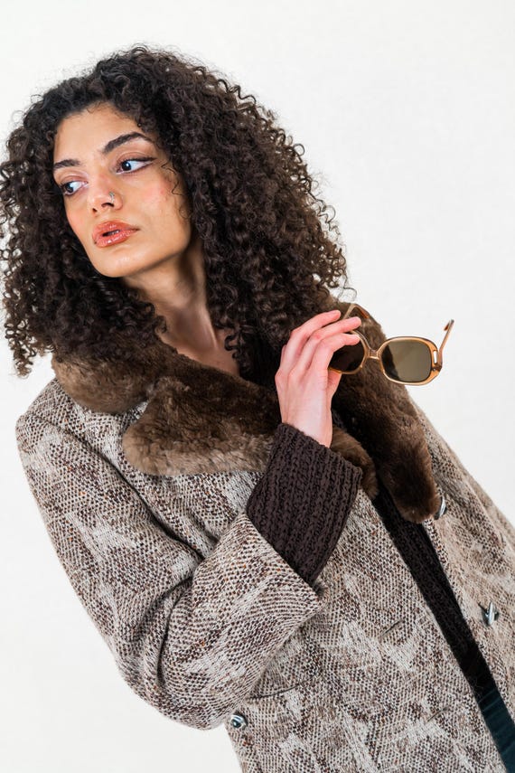 Vintage 80s Tweed Wool Coat for Women – Beige, Size S, Fur Hem - Etsy