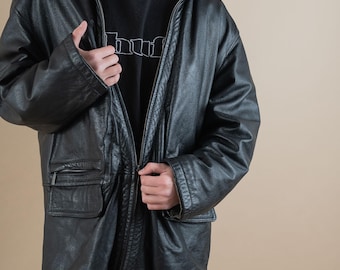 vintage leather jacket parka overcoat black genuine soft leather jacket quitted lining Size XL oversized gender neutral