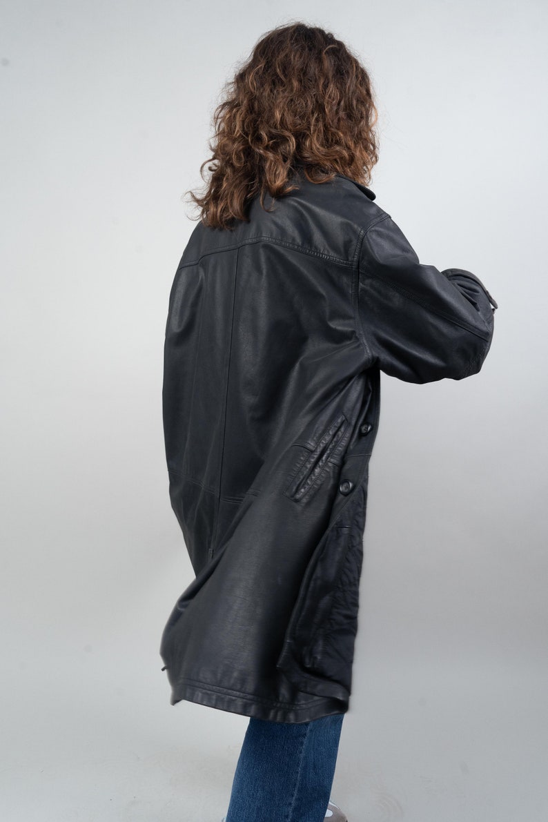 Vintage camel leather coat black lined minimalist Size XL 52 80s 90s soft goat leather image 4