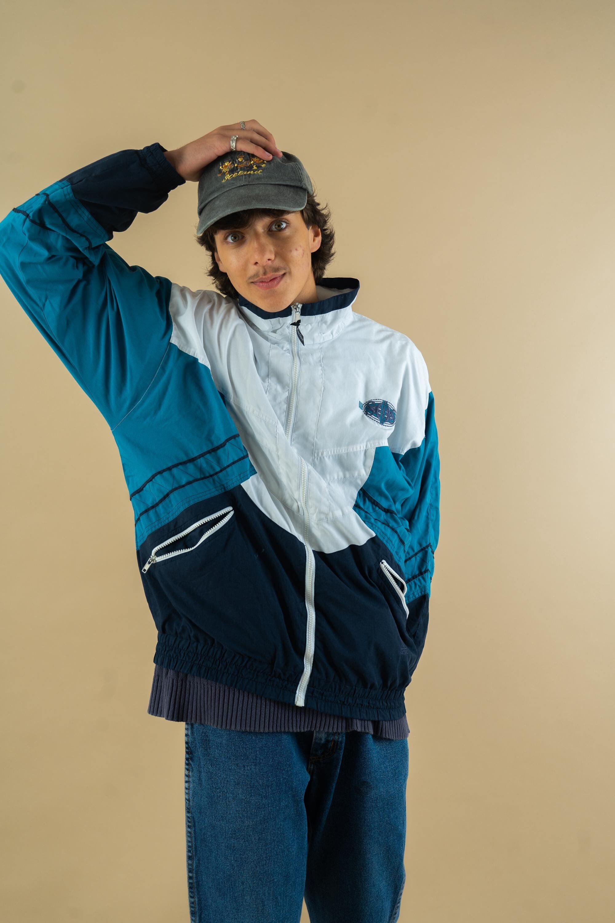 90s Vintage Black BLUE and White SOS Windbreaker Jacket