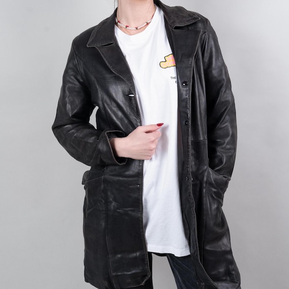 80s Vintage Black Leather Coat – Iconic Grunge Style - Distressed
