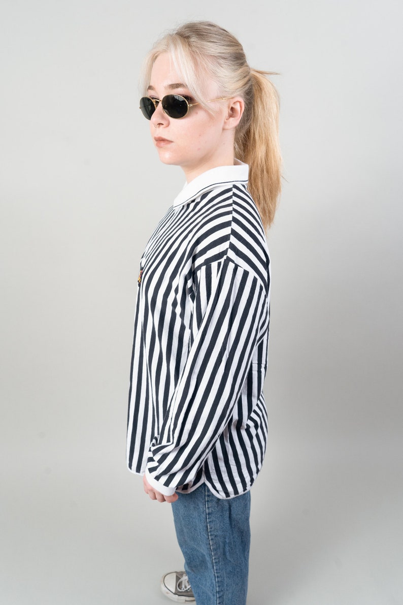 Vintage striped shirt quarter zip black and white striped cotton 80s image 7