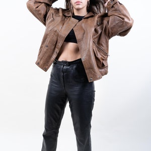 80s vintage leather biker jacket brown cropped waisted moto jacket hard leather jacket with belt 90s aesthetic y2k grunge leather jacket image 6