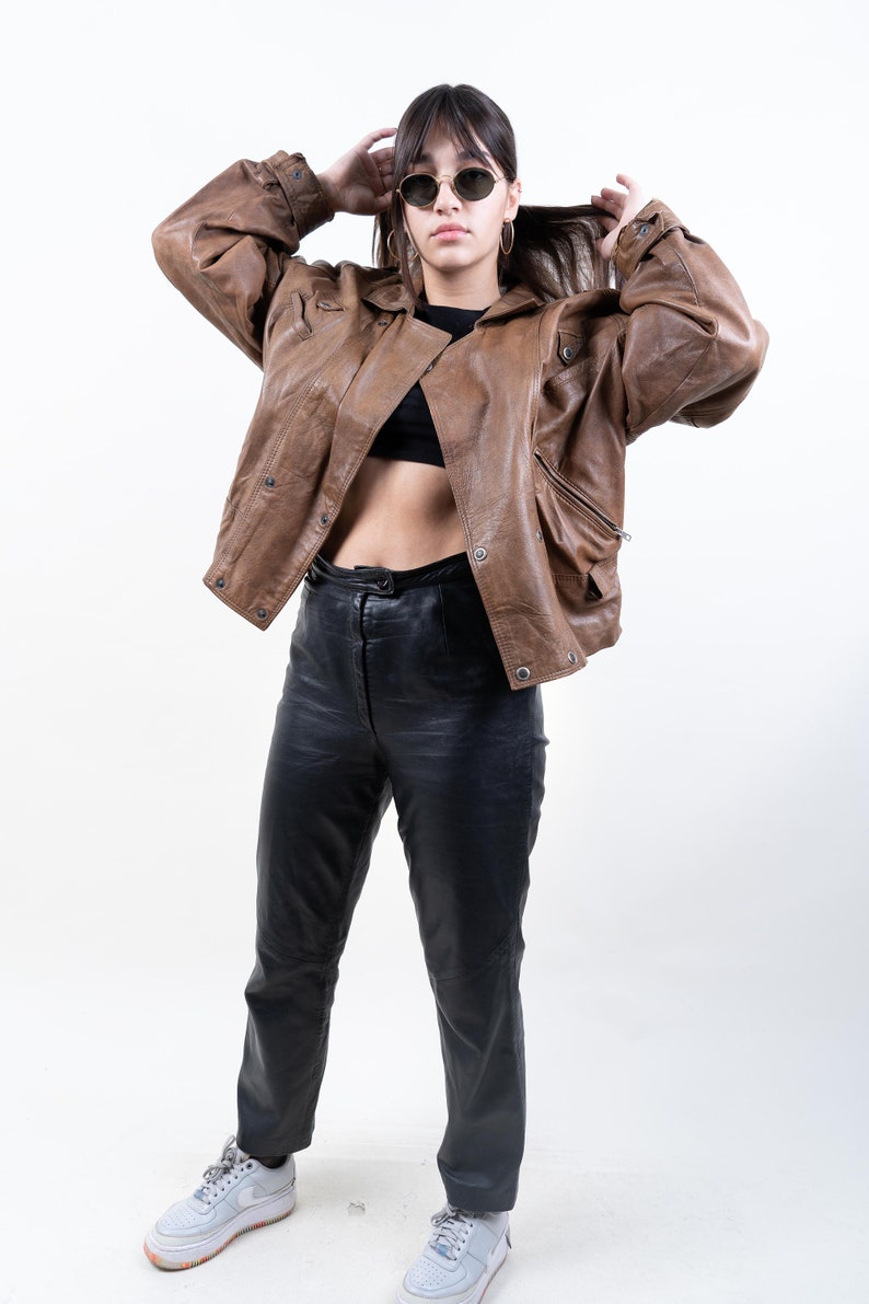 80s vintage leather biker jacket brown cropped waisted moto jacket hard leather jacket with belt 90s aesthetic y2k grunge leather jacket image 6