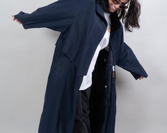 Vintage blue trench coat oversized gender neutral second hand clothing 80s 90s
