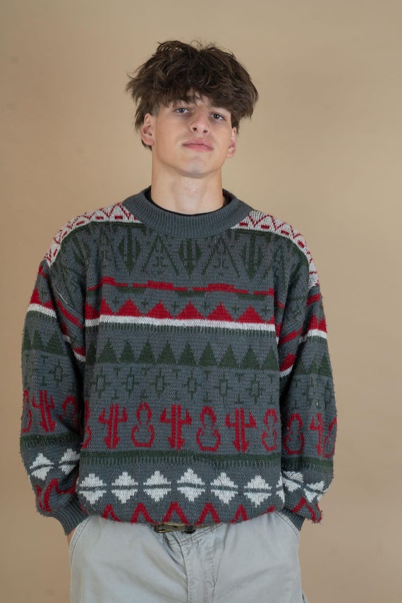 Vintage Grandpa Sweater Nordic Sweater Crazy Pattern Size L XL