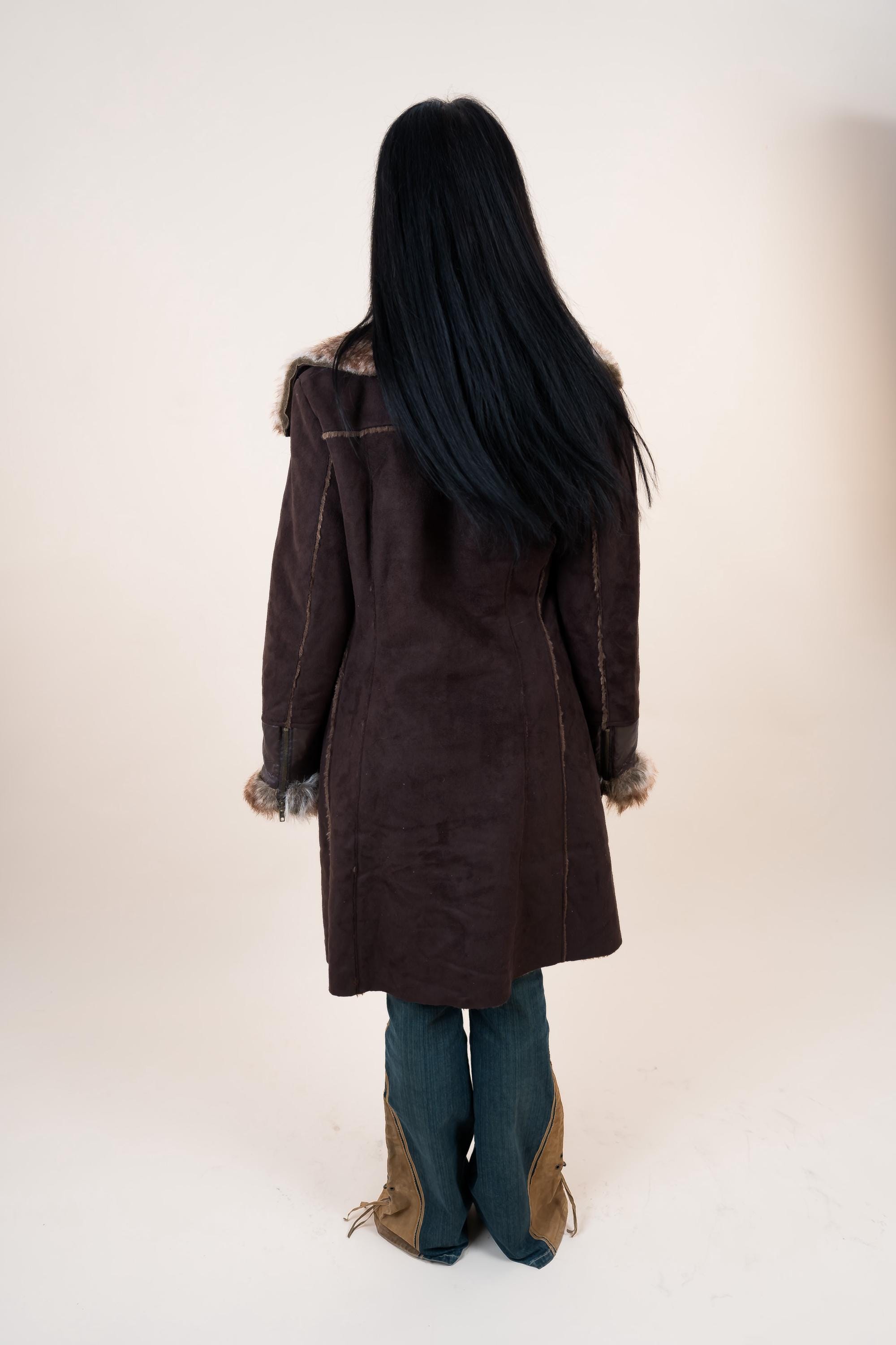 Y2K 2000s Brown Leather & Suede Coat With Fur Hem Details