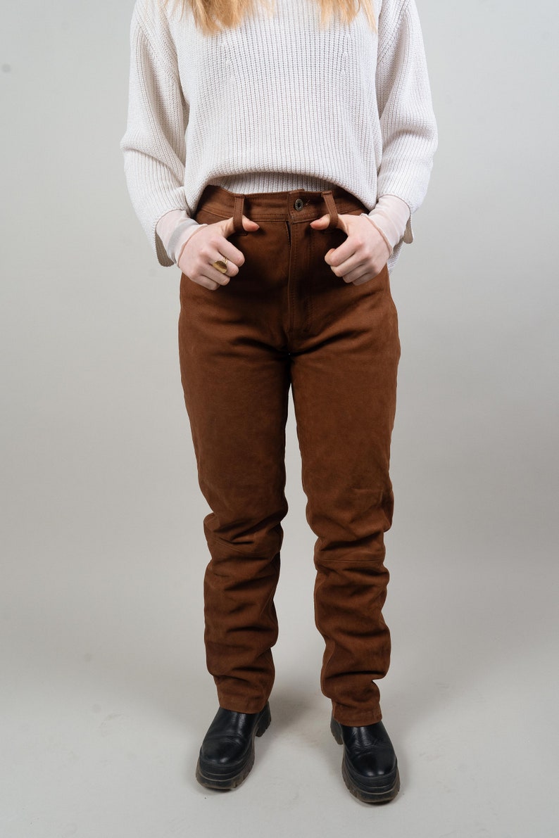 Vintage leather pants brown suede with pockets high waist Size M 80s 90s image 3