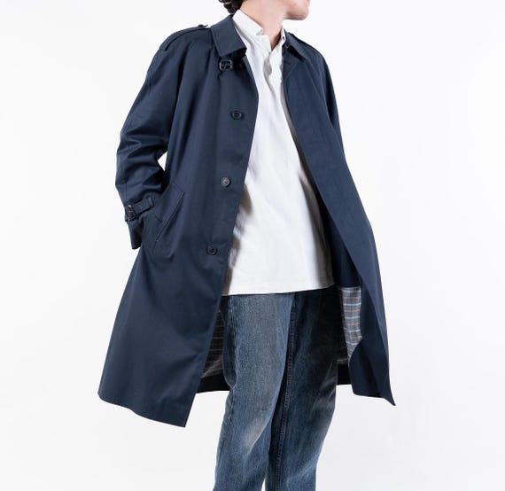 80s Vintage Navy Blue Trench Coat Classic Loden Frey Cotton Size L