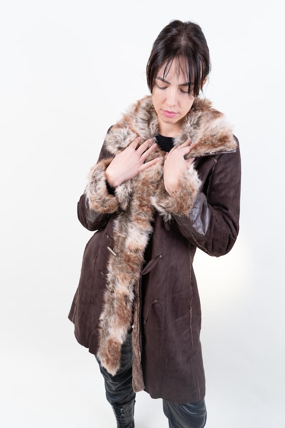 Vintage Y2k 90s Brown Leather Fur Coat Size M - L 90s 2000s Retro