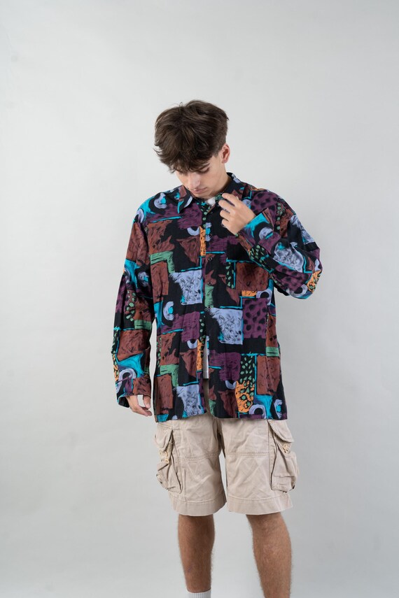Vintage Printed Shirt Purple Crazy Pattern Oversized Hard Cotton 