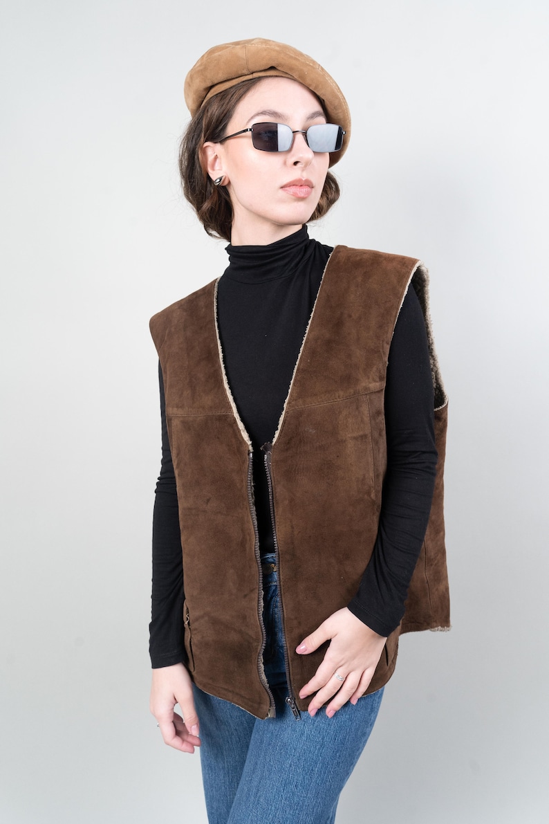 vintage shepherd vest leather wool suede one size crazy pattern navajo 80s 90s imagem 3