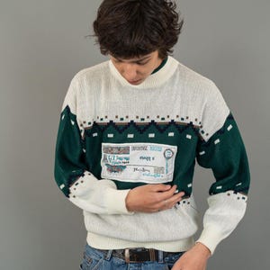 Maglione lavorato a maglia vintage anni '80 - Stile cartolina retrò funky - Genere neutro - Taglia M bianco verde