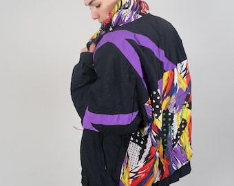 Parka de ski vintage noir oversized crazy pattern veste néon Taille XL années 80