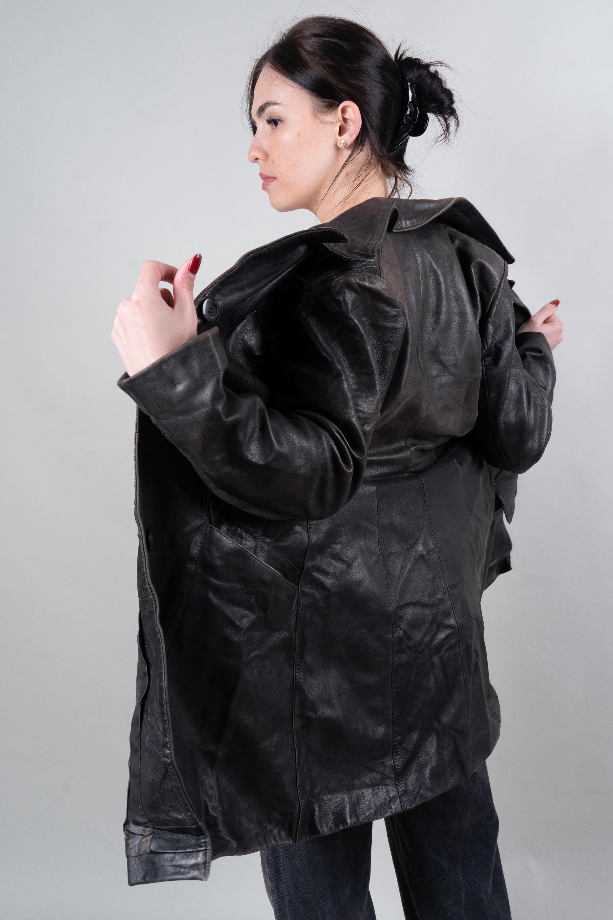 80s Vintage Black Leather Coat – Iconic Grunge Style - Distressed