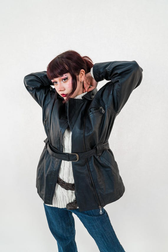 80s black Vintage Leather Jacket | Casual Oversized Zip-Up | Men's Size M Women's Size L | Gender Neutral Grunge Aesthetics