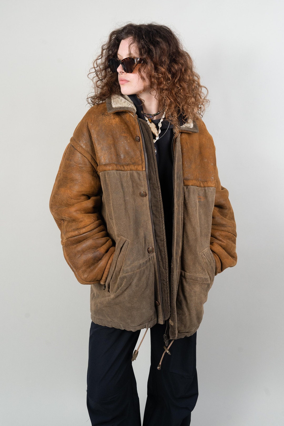 Vintage Camel Suede Jacket Leather Parka Teddy Fur Oversized Size