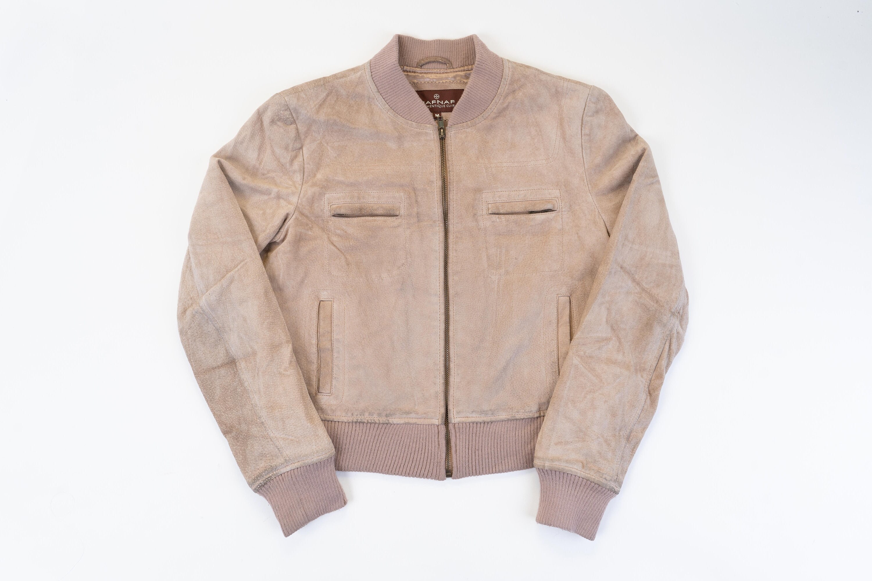 80s vintage velor leather jacket casual basic minimalist brown beige bomber jacket Size M gender neutral second hand clothing y2k