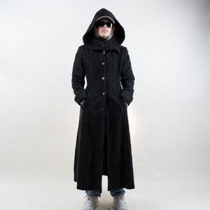 Vintage wool trench coat black hooded Size S / M 80s 90s 画像 4