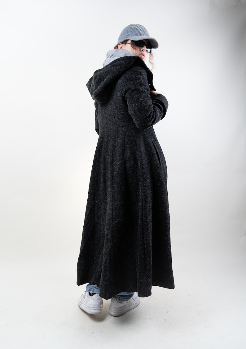 Vintage wool trench coat black hooded Size S / M 80s 90s 画像 5