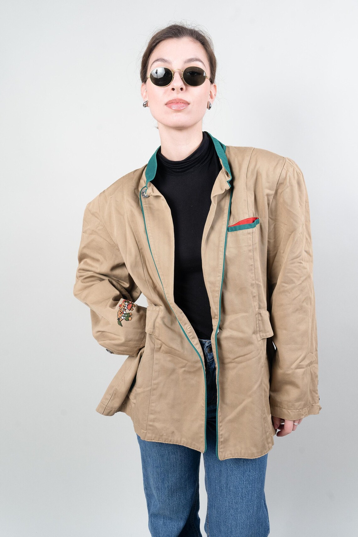 Oversized vintage blazer cotton blazer cream patches 80s, foto 1 di 5