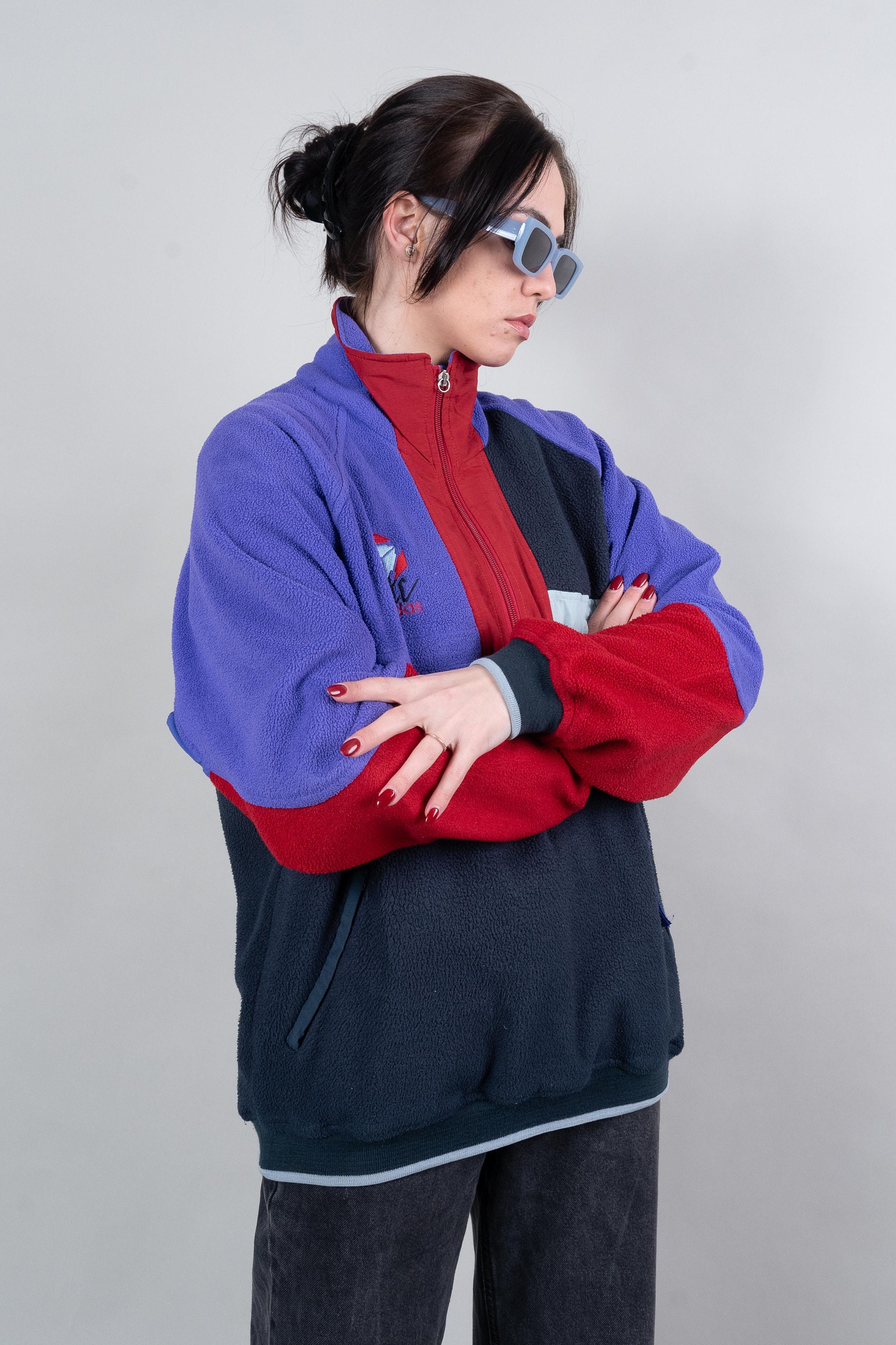 Adidas Vintage Fleece Polar Jumper Blue Red Color Block Pattern