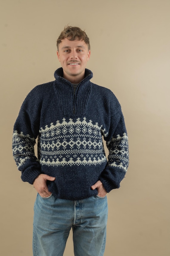 Vintage Pullover Sweater Size M L Crazy Pattern Knit Sweater Jumper 80s 90s Navy White Gray High Neck Etsy UK