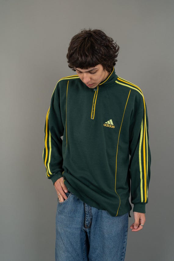 80s Vintage Adidas Jumper Jacket Green With Yellow Brand Details