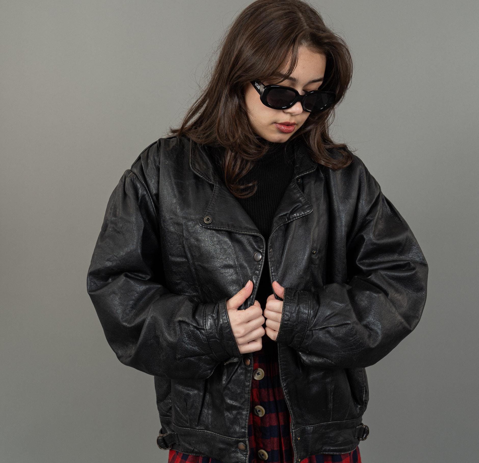 80s Vintage Black Leather Bomber Jacket - Cropped Size M - Etsy