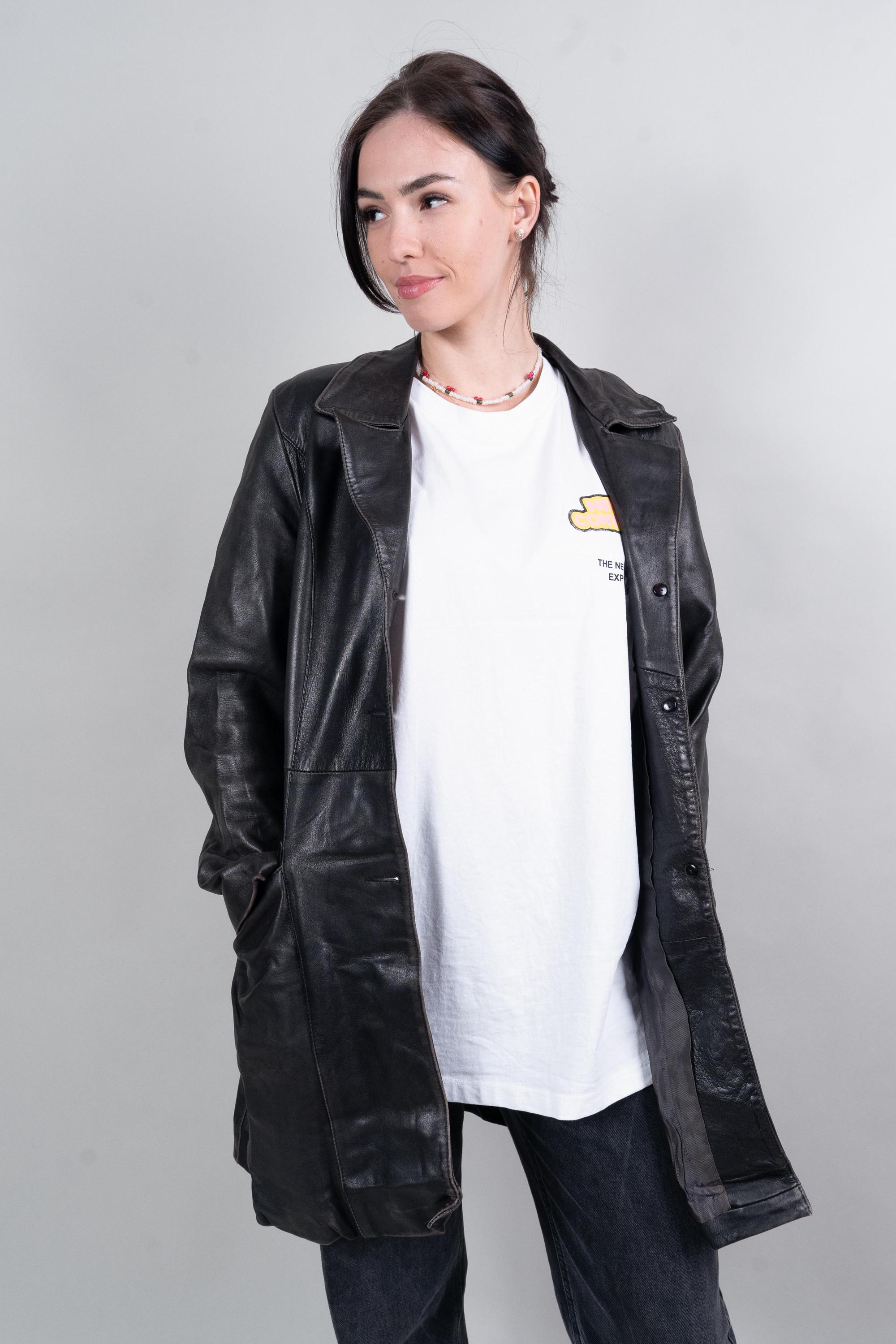 80s Vintage Black Leather Coat – Iconic Grunge Style - Distressed