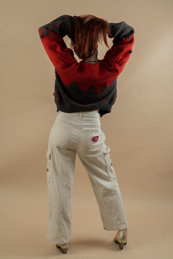 Vintage Cargo Denim Pants Cream With Pockets High Waist Size US S