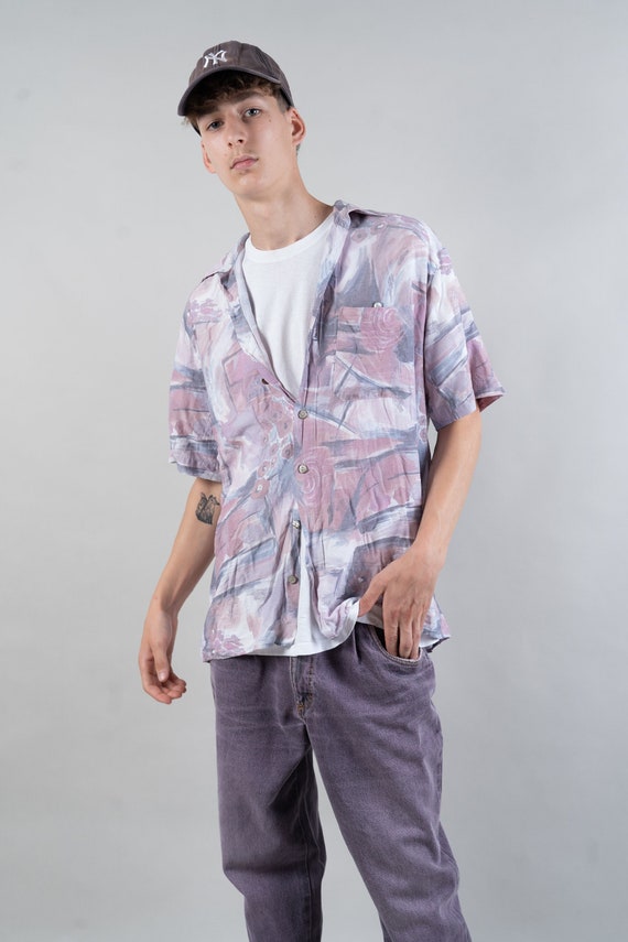 Vintage Cotton Shirt Shortsleeve Printed Shirt Pastel Purple
