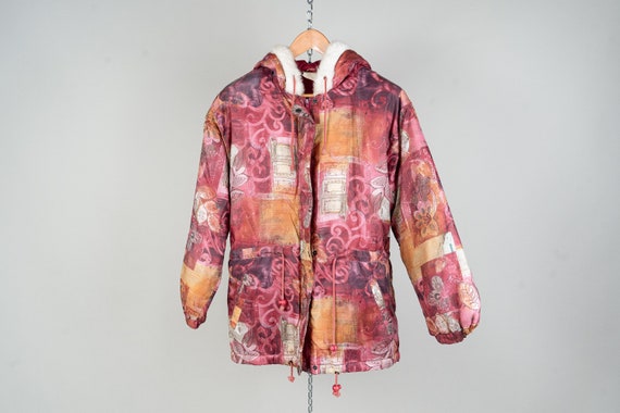 Vintage red pastel winter jacket abstract crazy p… - image 1