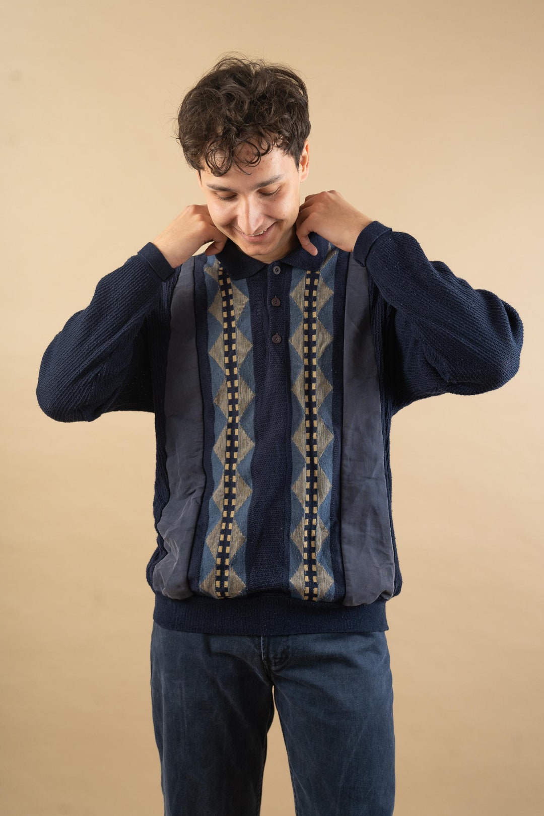 Vintage Grandpa Sweater Cotton Blend Blue and Beige Crazy Pattern