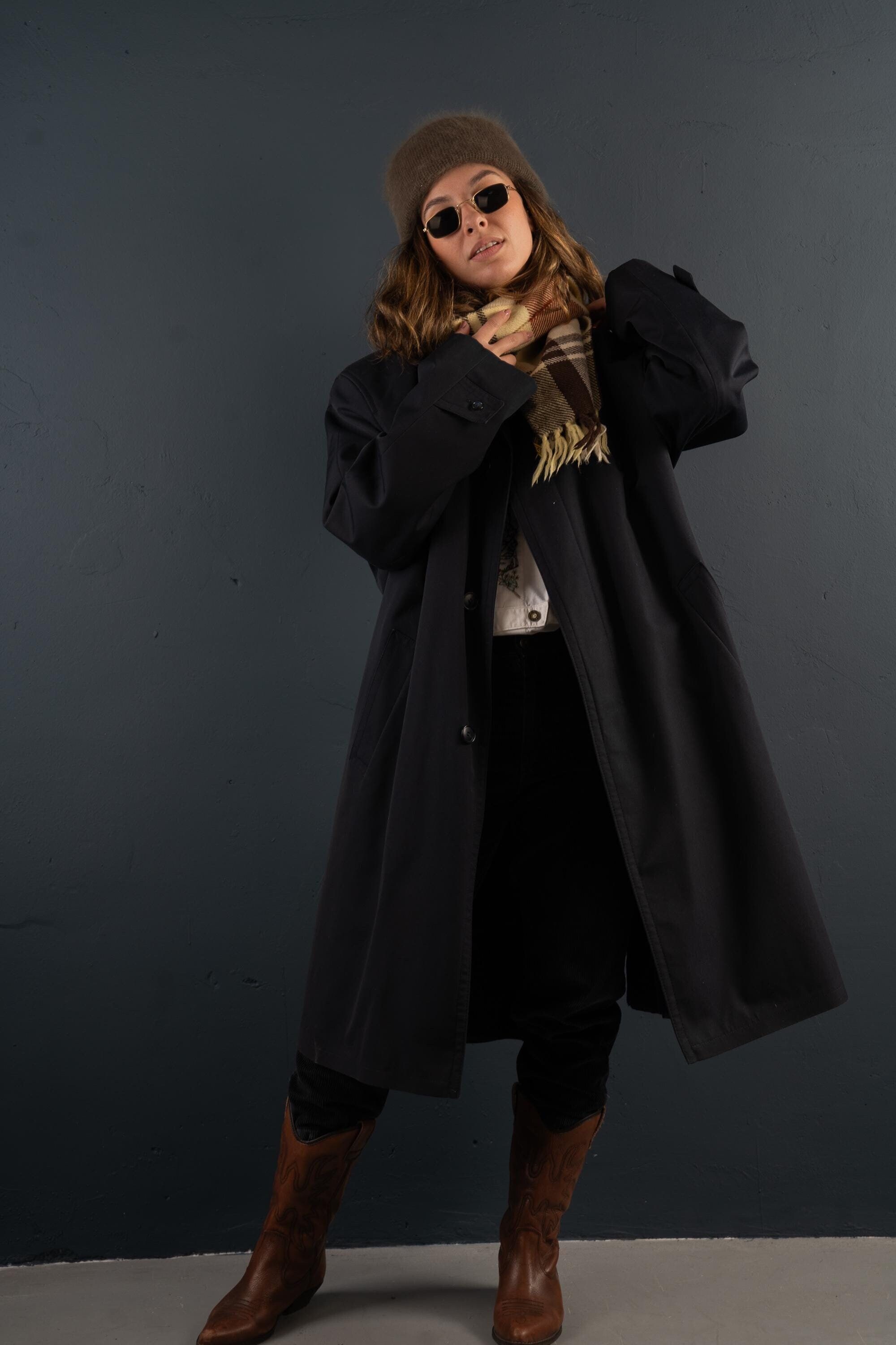 vintage overcoat dark navy blue lined coat winter coat gender neutral 80s cotton and wool