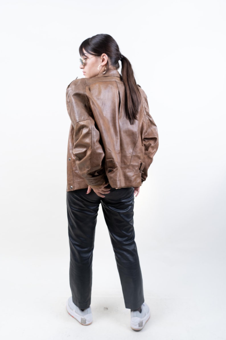 80s vintage leather biker jacket brown cropped waisted moto jacket hard leather jacket with belt 90s aesthetic y2k grunge leather jacket image 5