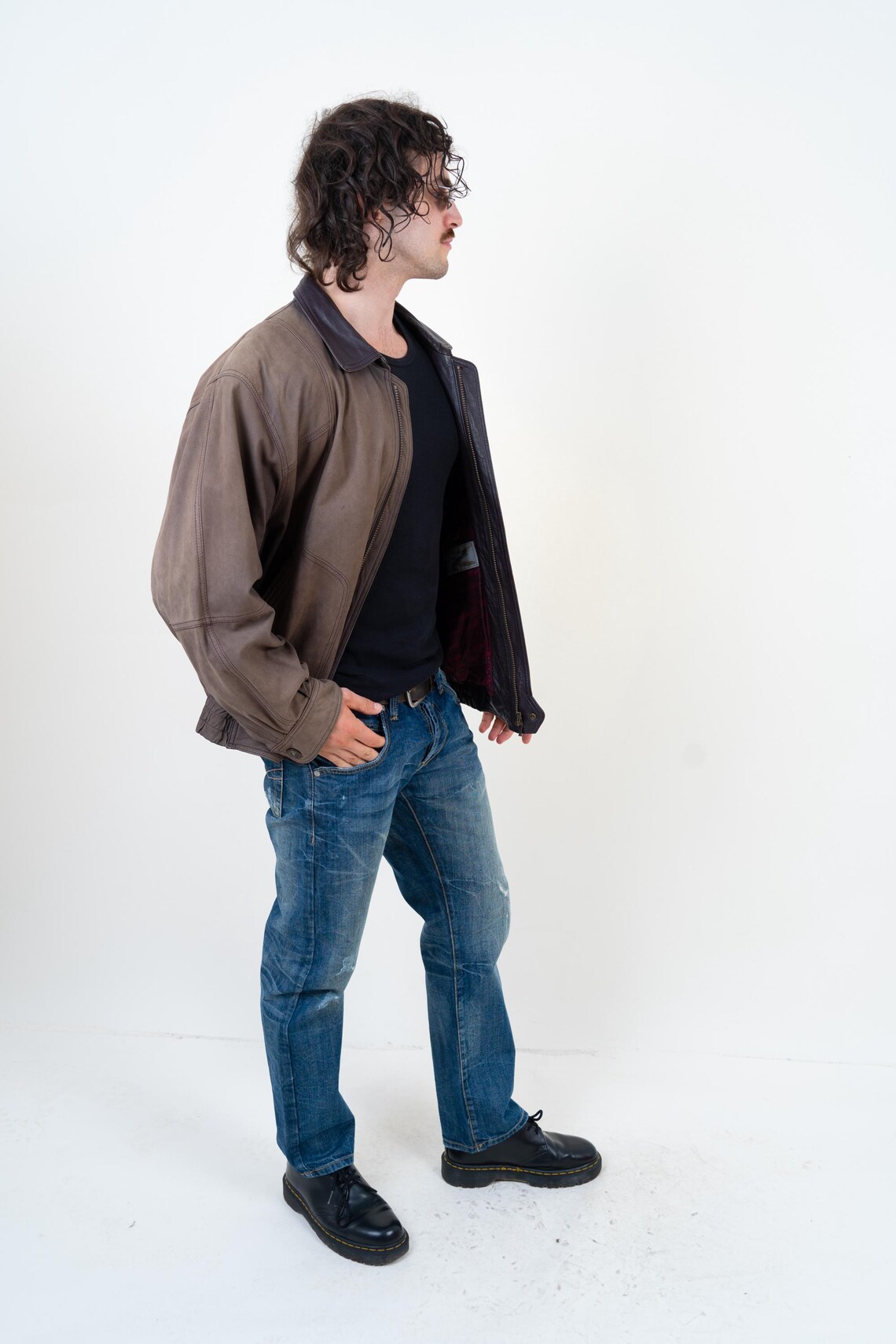 Vintage Lederjacke Herren US L, 80er Jahre Braun Echtleder Bomberjacke Retro Blouson Jacke, foto 3 di 5